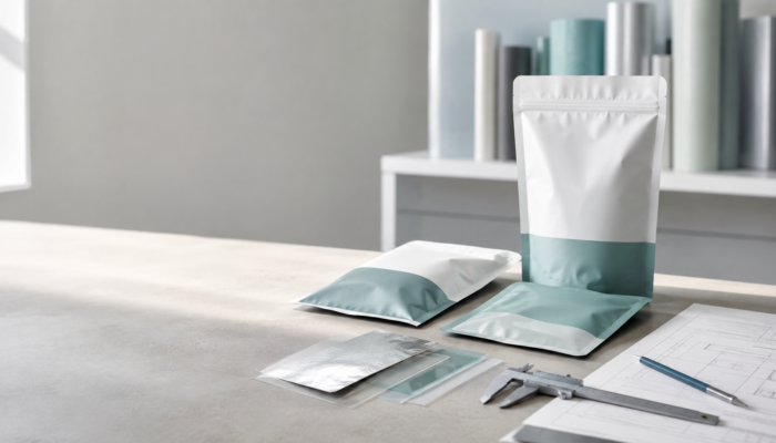 Flexible food packaging pouches and film samples on a packaging development workbench