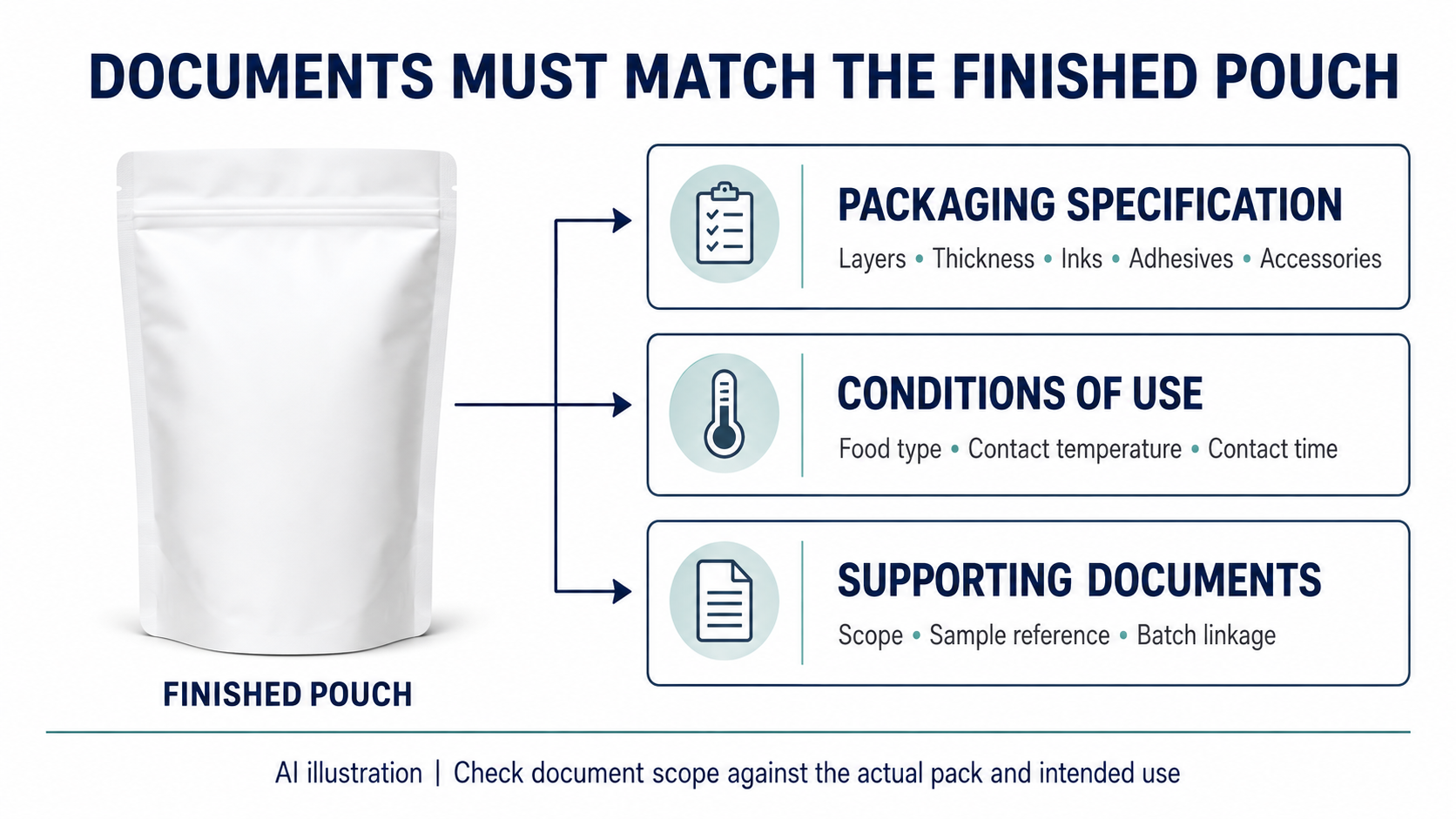Diagram showing a finished pouch matched to its packaging specification, conditions of use, and supporting documents