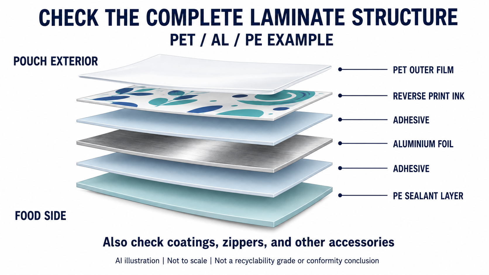Exploded diagram of a PET AL PE printed laminate showing PET outer film, reverse-print ink, adhesives, aluminium foil, and PE sealant layer